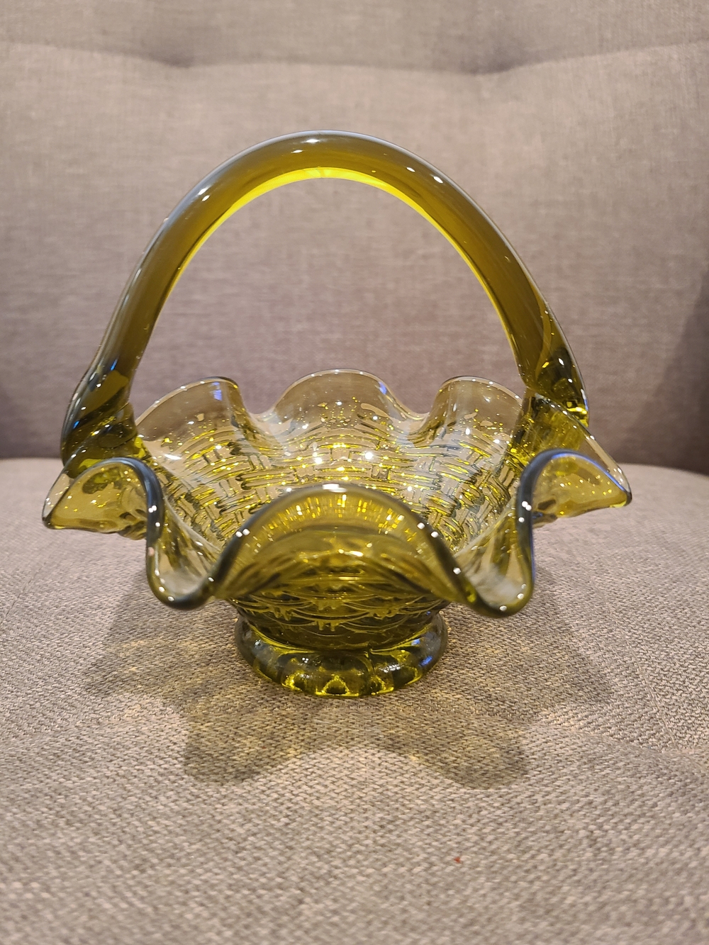 Vintage Green Glass Basket with Handle